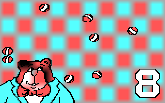 Stickybear Numbers IBM PC/Compatibles Screenshot: The screen is busy with eight bouncing balls!