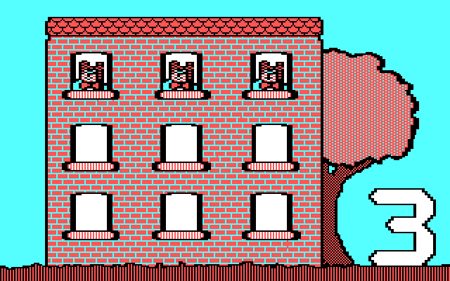 Stickybear Numbers IBM PC/Compatibles Screenshot: Counting the bears in the windows.