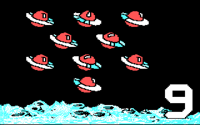 Stickybear Numbers IBM PC/Compatibles Screenshot: Flying saucers appear one by one.