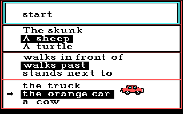 Stickybear Reading IBM PC/Compatibles Screenshot: Selected a few options, now select start if your ready to see the animation!