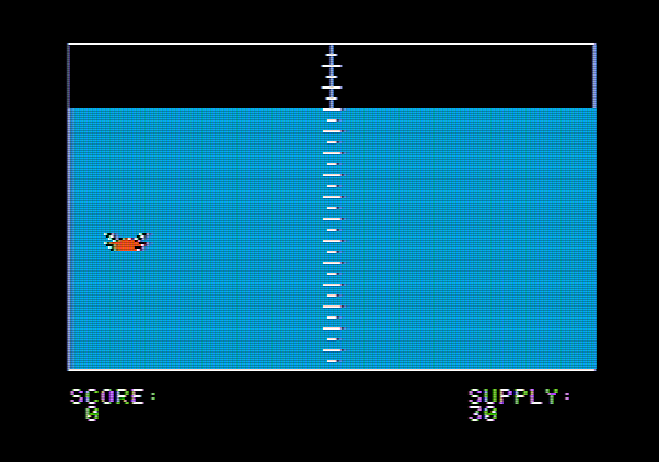 Torpedo Alley Apple II Screenshot: Game start; here comes an enemy...
