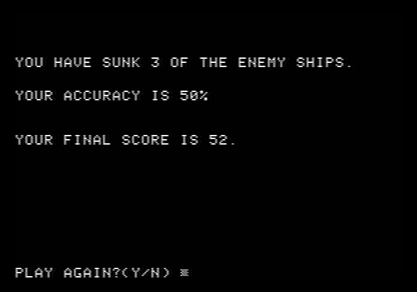 Torpedo Alley Apple II Screenshot: Game over.