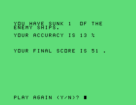 Torpedo Alley TI-99/4A Screenshot: Game over.