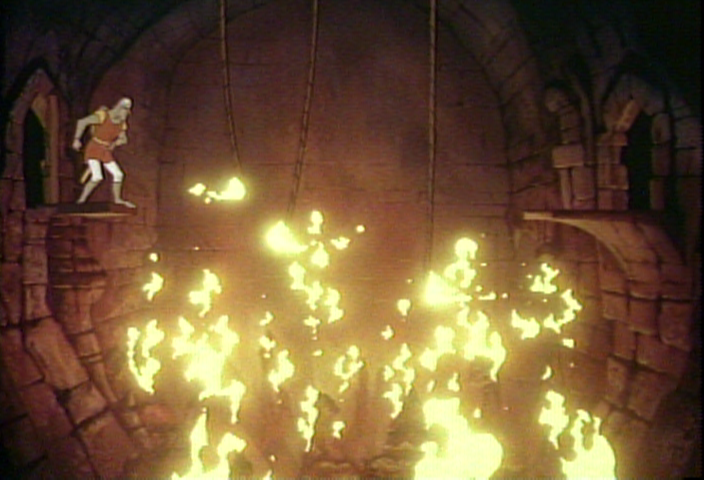 Dragon's Lair Arcade Screenshot: Quick, jump across this fire pit!