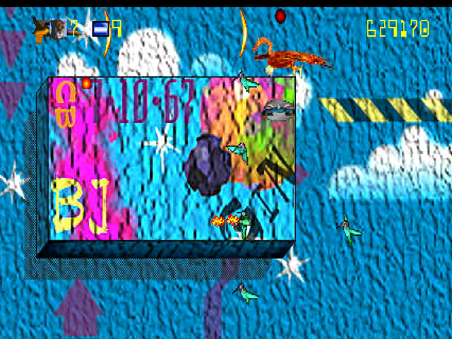 Trevor McFur in the Crescent Galaxy Atari Jaguar Screenshot: Avoid crashing into the large blocks on this level...