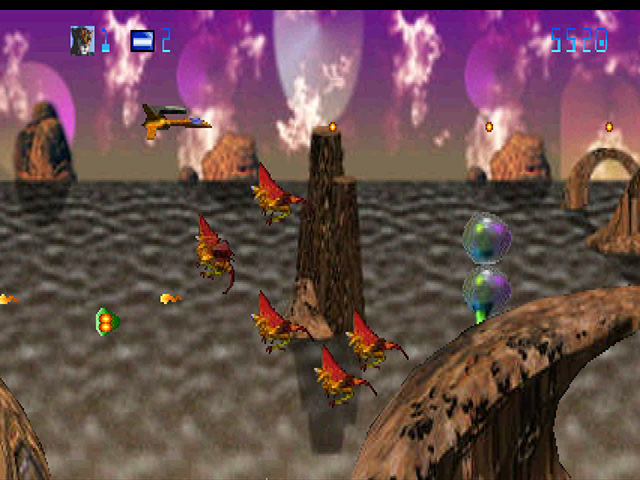 Trevor McFur in the Crescent Galaxy Atari Jaguar Screenshot: Anothe wave of enemies attacks.