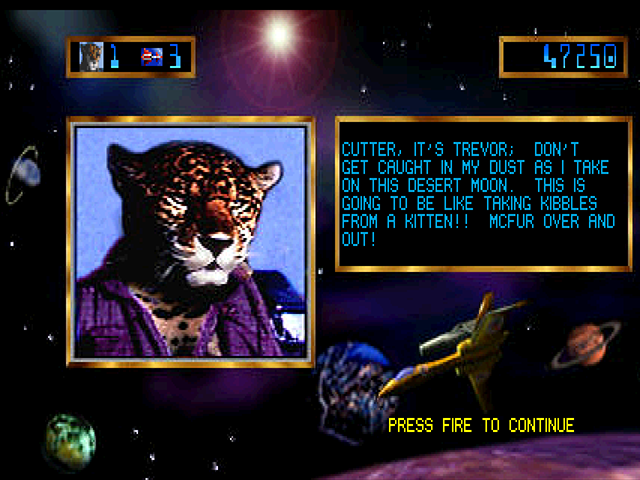 Trevor McFur in the Crescent Galaxy Atari Jaguar Screenshot: Introduction for the next planet I'm visiting...