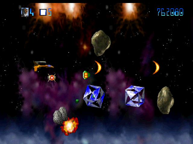 Trevor McFur in the Crescent Galaxy Atari Jaguar Screenshot: The number of asteroids and other obstacles you'll need to navigate through keeps increasing...