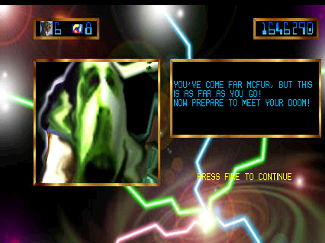 Trevor McFur in the Crescent Galaxy Atari Jaguar Screenshot: The next end of level boss appears...