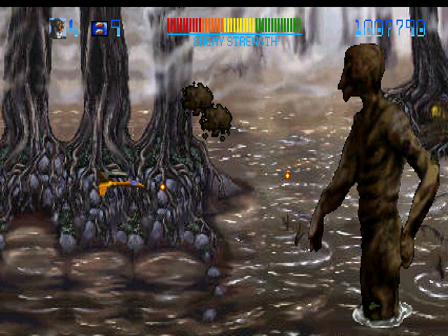 Trevor McFur in the Crescent Galaxy Atari Jaguar Screenshot: A giant swamp creature throws mud at me!
