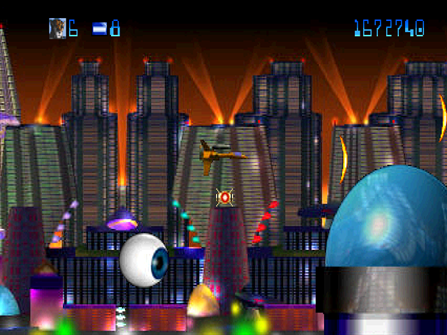 Trevor McFur in the Crescent Galaxy Atari Jaguar Screenshot: Entering a very strange city...