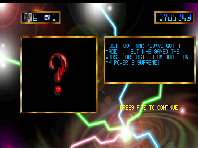 Trevor McFur in the Crescent Galaxy Atari Jaguar Screenshot: The next enemy is a mystery...