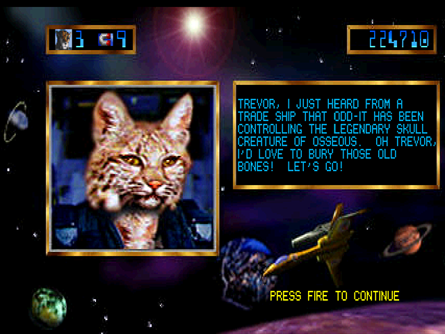 Trevor McFur in the Crescent Galaxy Atari Jaguar Screenshot: End of level boss approaching!