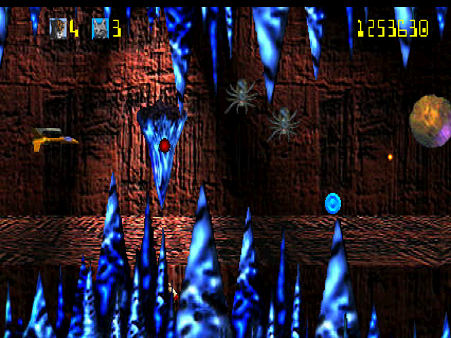 Trevor McFur in the Crescent Galaxy Atari Jaguar Screenshot: Don't crash in to falling icicles!