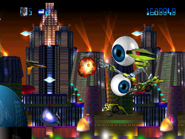 Trevor McFur in the Crescent Galaxy Atari Jaguar Screenshot: A robot and eyeball attack!