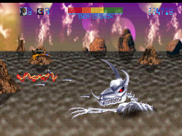 Trevor McFur in the Crescent Galaxy Atari Jaguar Screenshot: A giant skull attacks!