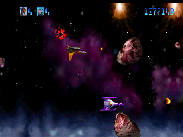 Trevor McFur in the Crescent Galaxy Atari Jaguar Screenshot: Another ship temporarily shows up to help me out...