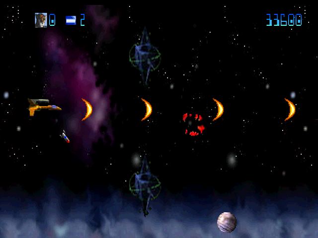 Trevor McFur in the Crescent Galaxy Atari Jaguar Screenshot: Blasting opponents...