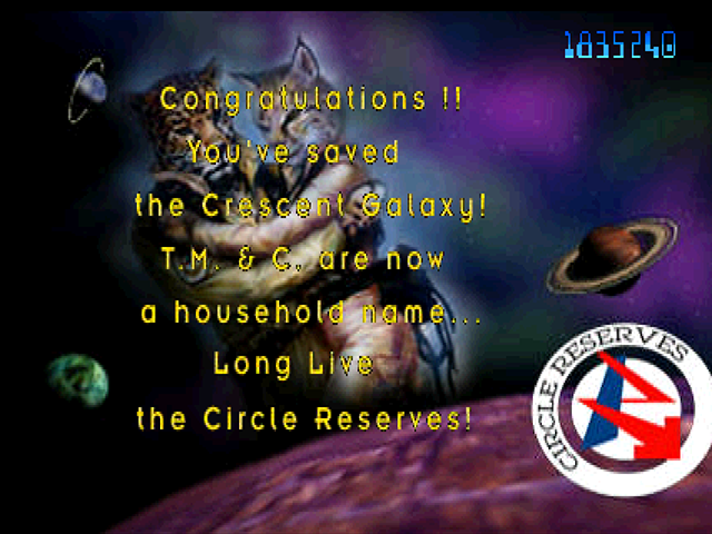 Trevor McFur in the Crescent Galaxy Atari Jaguar Screenshot: Mission success!
