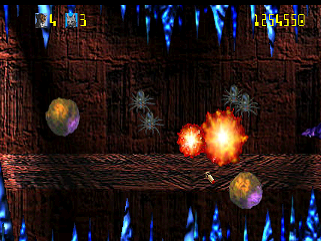 Trevor McFur in the Crescent Galaxy Atari Jaguar Screenshot: Destroyed by spiders!