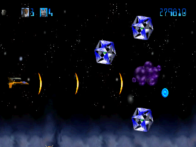 Trevor McFur in the Crescent Galaxy Atari Jaguar Screenshot: Blasting some giant cubes and blobs!