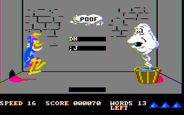 Wizard of Id's WizType IBM PC/Compatibles Screenshot: Poof! I typed the letters, so they vanish from the list.