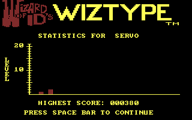Wizard of Id's WizType IBM PC/Compatibles Screenshot: As a returning player some stats are provided...