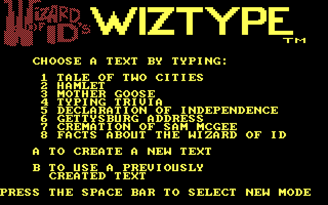 Wizard of Id's WizType IBM PC/Compatibles Screenshot: Select a text to practice typing entire paragraphs.