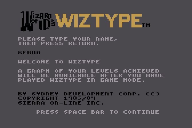 Wizard of Id's WizType Atari 8-bit Screenshot: Title screen.