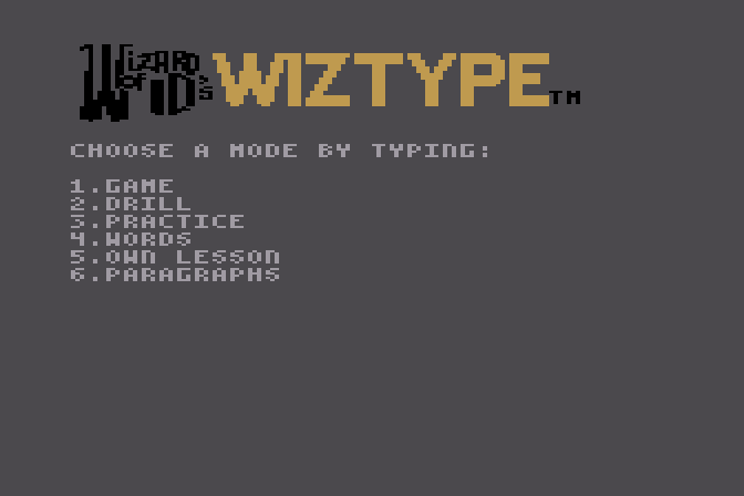 Wizard of Id's WizType Atari 8-bit Screenshot: The main menu.