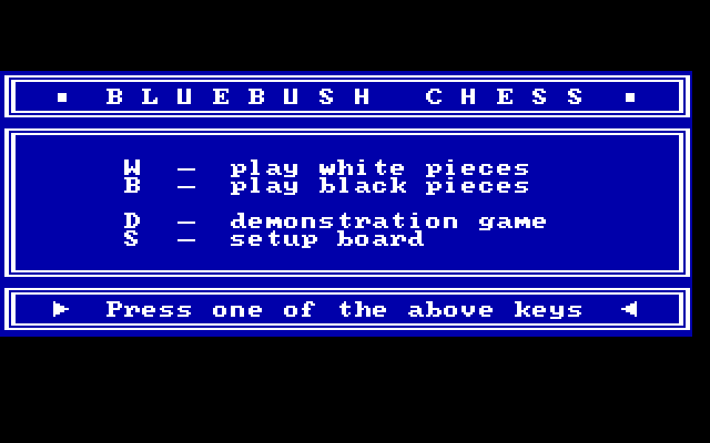 Bluebush Chess IBM PC/Compatibles Screenshot: The main menu.