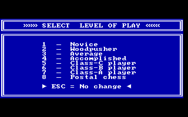 Bluebush Chess IBM PC/Compatibles Screenshot: Select a skill level.