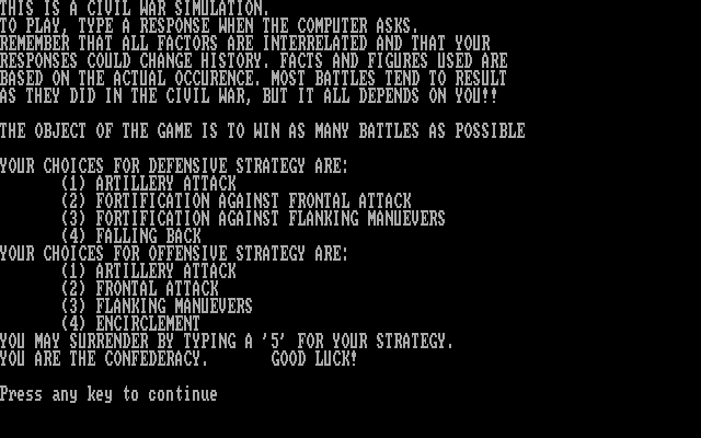 Civil War IBM PC/Compatibles Screenshot: Game start.