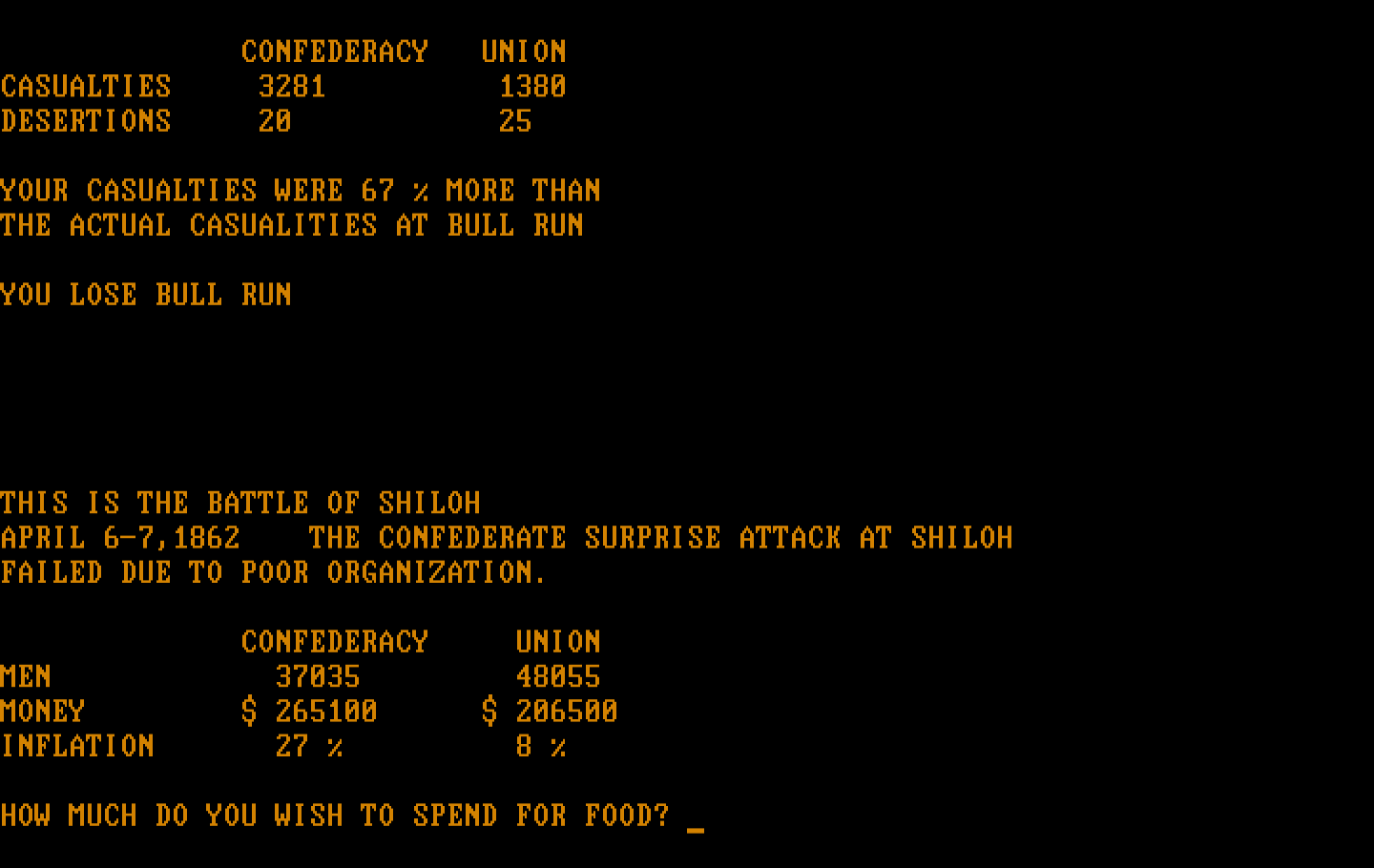 Civil War IBM PC/Compatibles Screenshot: Spend how much for food?