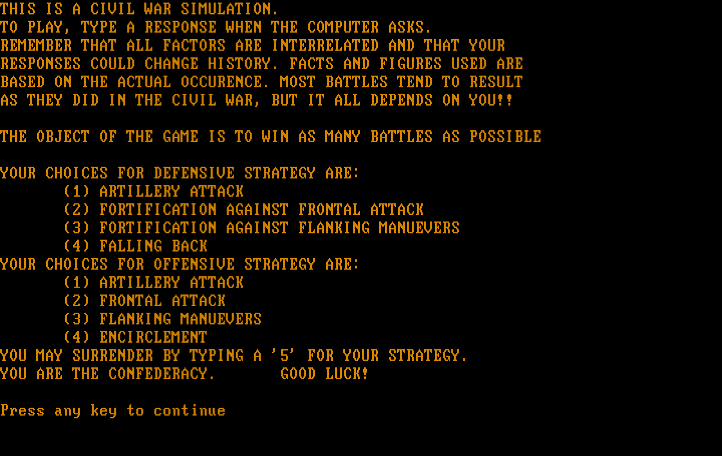 Civil War IBM PC/Compatibles Screenshot: Game start.