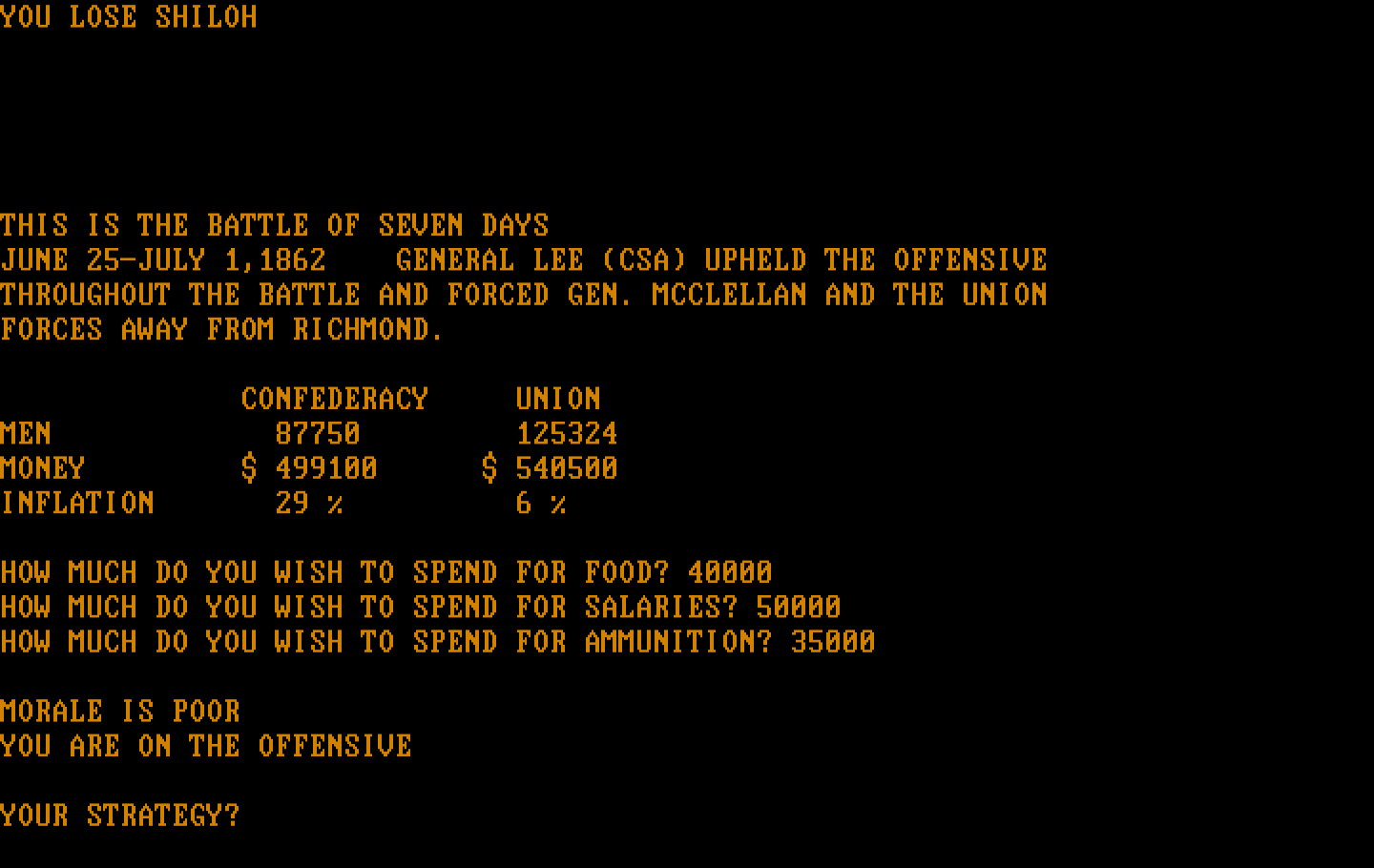 Civil War IBM PC/Compatibles Screenshot: I lost the last battle, I may need a new strategy...
