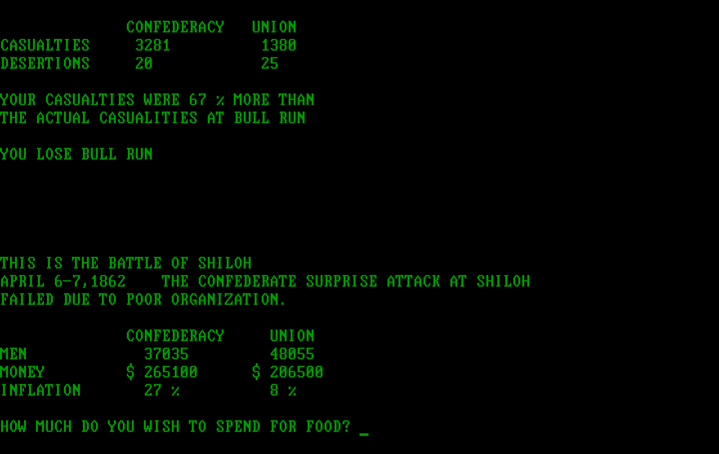Civil War IBM PC/Compatibles Screenshot: Spend how much for food?