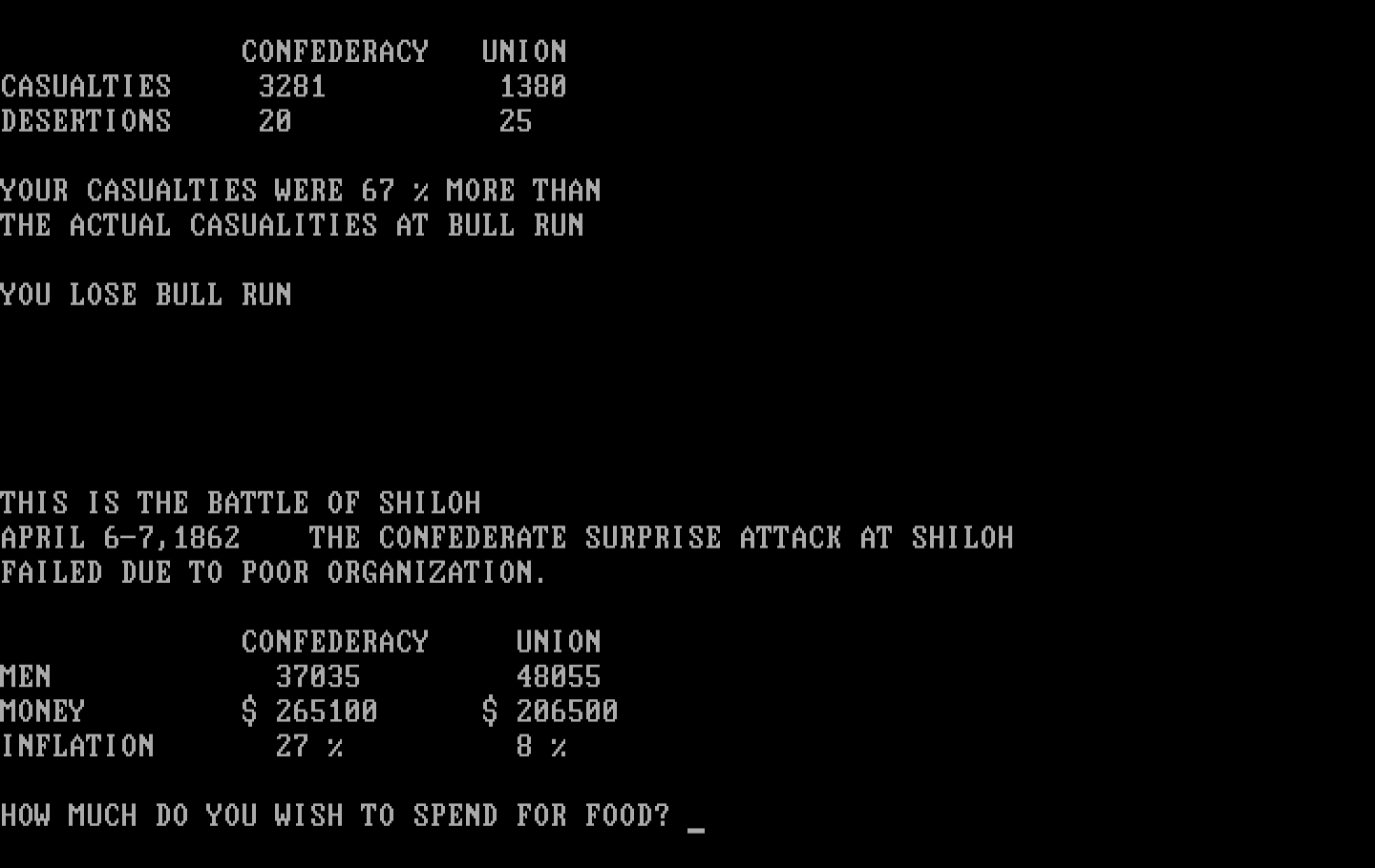 Civil War IBM PC/Compatibles Screenshot: Spend how much for food?