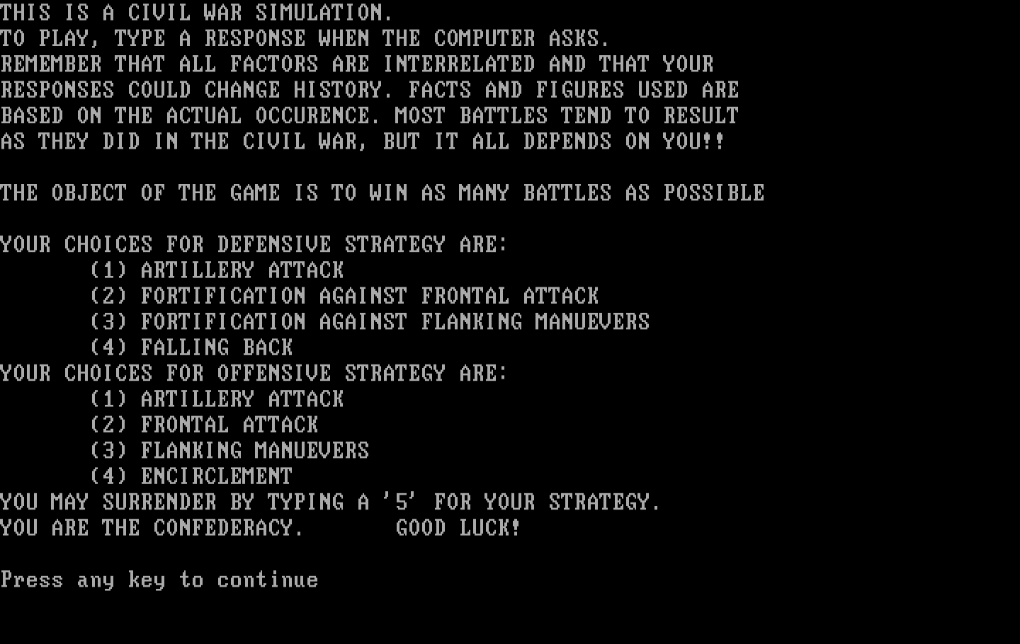 Civil War IBM PC/Compatibles Screenshot: Game start.