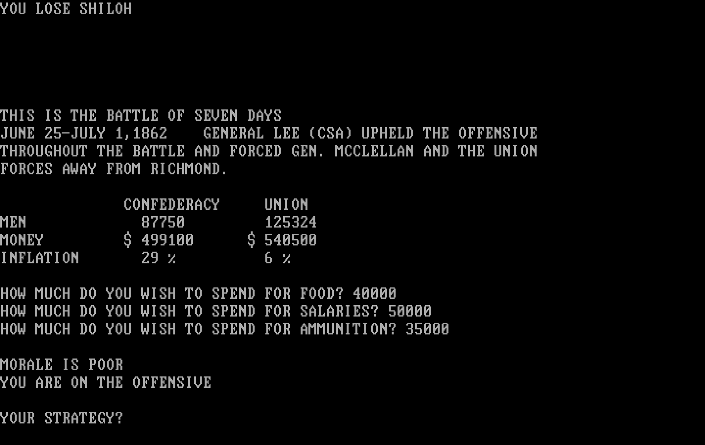 Civil War IBM PC/Compatibles Screenshot: I lost the last battle, I may need a new strategy...