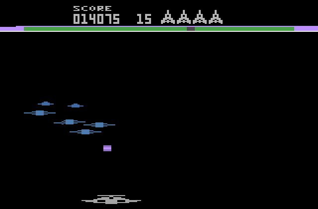 Buck Rogers: Planet of Zoom Atari 2600 Screenshot: In space, attacking some incoming saucers...