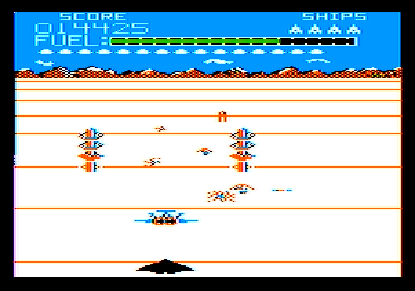 Buck Rogers: Planet of Zoom Apple II Screenshot: Zooming past some pylons while enemies attack.