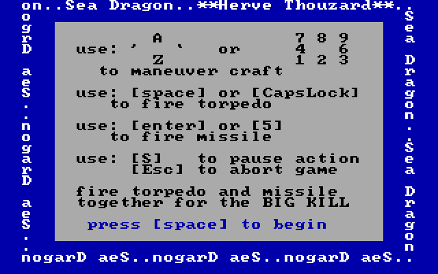 Sea Dragon IBM PC/Compatibles Screenshot: Game instructions.