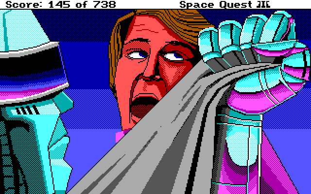 Space Quest III: The Pirates of Pestulon IBM PC/Compatibles Screenshot: Roger is in trouble again! How can we defeat this android?
