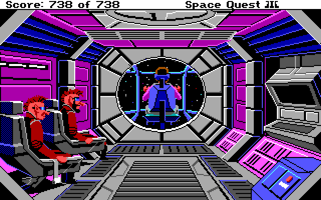 Space Quest III: The Pirates of Pestulon IBM PC/Compatibles Screenshot: The Two Guys From Andromeda are generally unimpressed with your skills...
