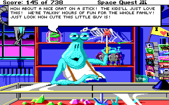 Space Quest III: The Pirates of Pestulon IBM PC/Compatibles Screenshot: Howdy stranger! Care to buy an Orat on a stick?