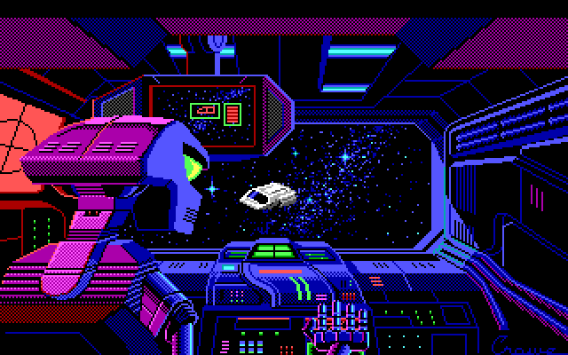 Space Quest III: The Pirates of Pestulon IBM PC/Compatibles Screenshot: A robot commanded freighter targets Roger's ship.