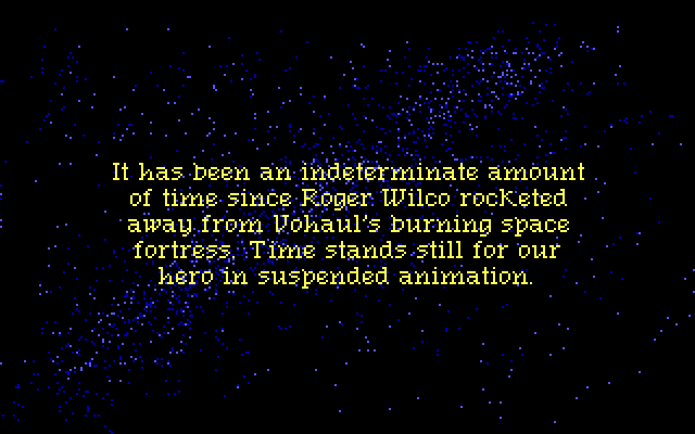 Space Quest III: The Pirates of Pestulon IBM PC/Compatibles Screenshot: First part of the opening story.