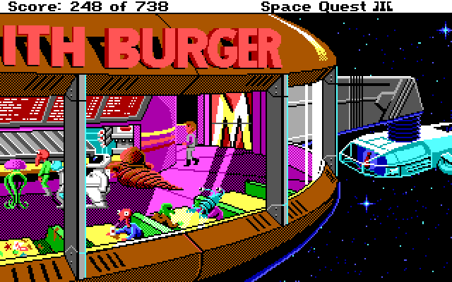 Space Quest III: The Pirates of Pestulon IBM PC/Compatibles Screenshot: Roger arrives at Monolith Burger...