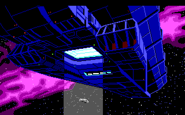 Space Quest III: The Pirates of Pestulon IBM PC/Compatibles Screenshot: Roger is beamed aboard a garbage freighter.